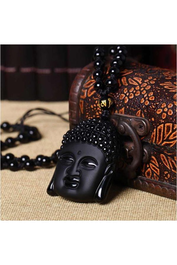 Unisex Black Obsidian Healing Beads Natural Stones Buddha Long Pendant Necklace - Image 5