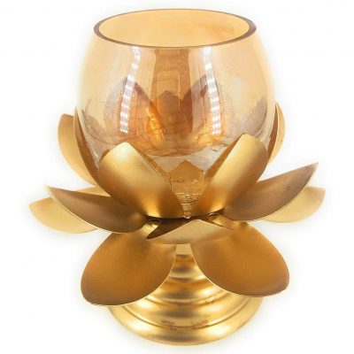 Cracked Glass Lotus Shape Brass Tea Light Candle Holder