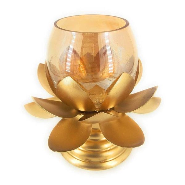 Cracked Glass Lotus Shape Brass Tea Light Candle Holder